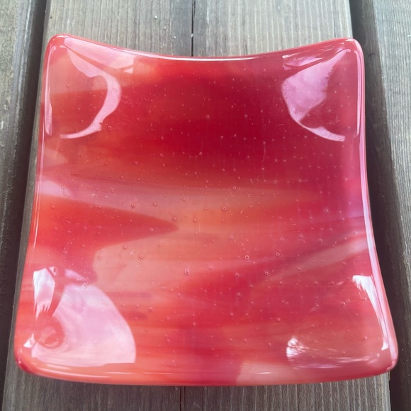 Fused Glass Pink, Red, and White Swirl Trinket Dish Tealight Holder Catchall - Picture 6 of 13
